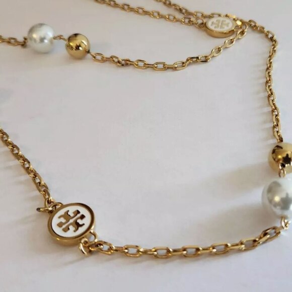 Tory Burch Lacquered Logo Convertible Rosary Necklace 36 in in Ivory NEW - Picture 7 of 11